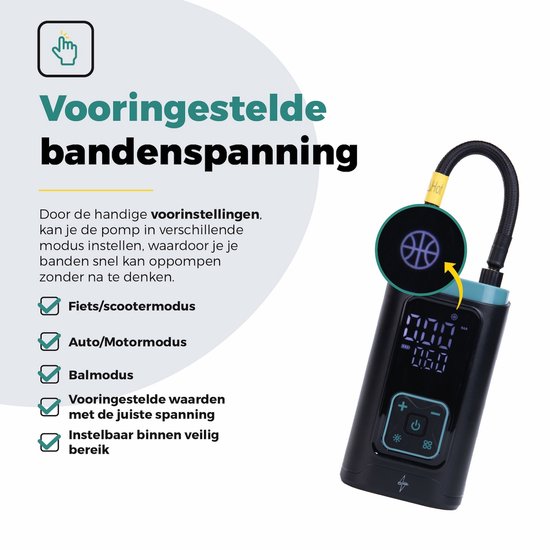 Voltano Elektrische Bandenpomp / Fietspomp Voor Auto / Motor / Scooter - Zwart / Ijsblauw - Draagbare Luchtcompressor - Voorgeprogrammeerde Standen - Pomp Tot 10,3 BAR - Incl. Opzetstukken Presta, Schader, Hollands Ventiel En Meer van Voltano — afbeelding 3