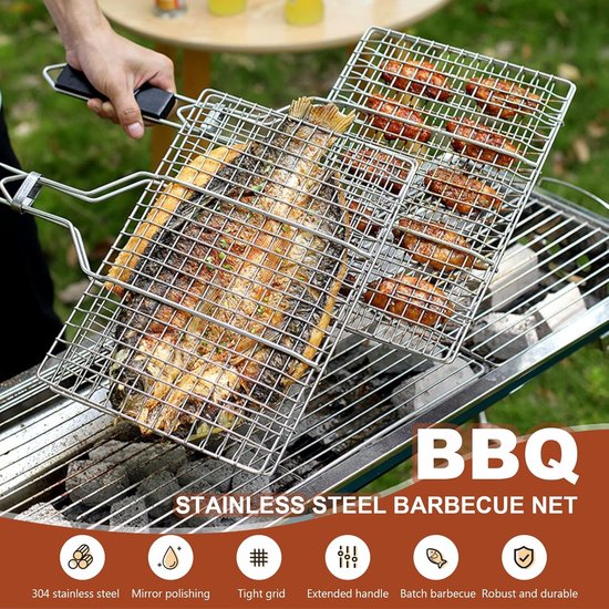 1 st. Visbraadmand, roestvrijstalen barbecuemand, opvouwbare, draagbare roestvrijstalen barbecuemand met Oxford-tas en 2 siliconenborstels van Merkloos — afbeelding 5