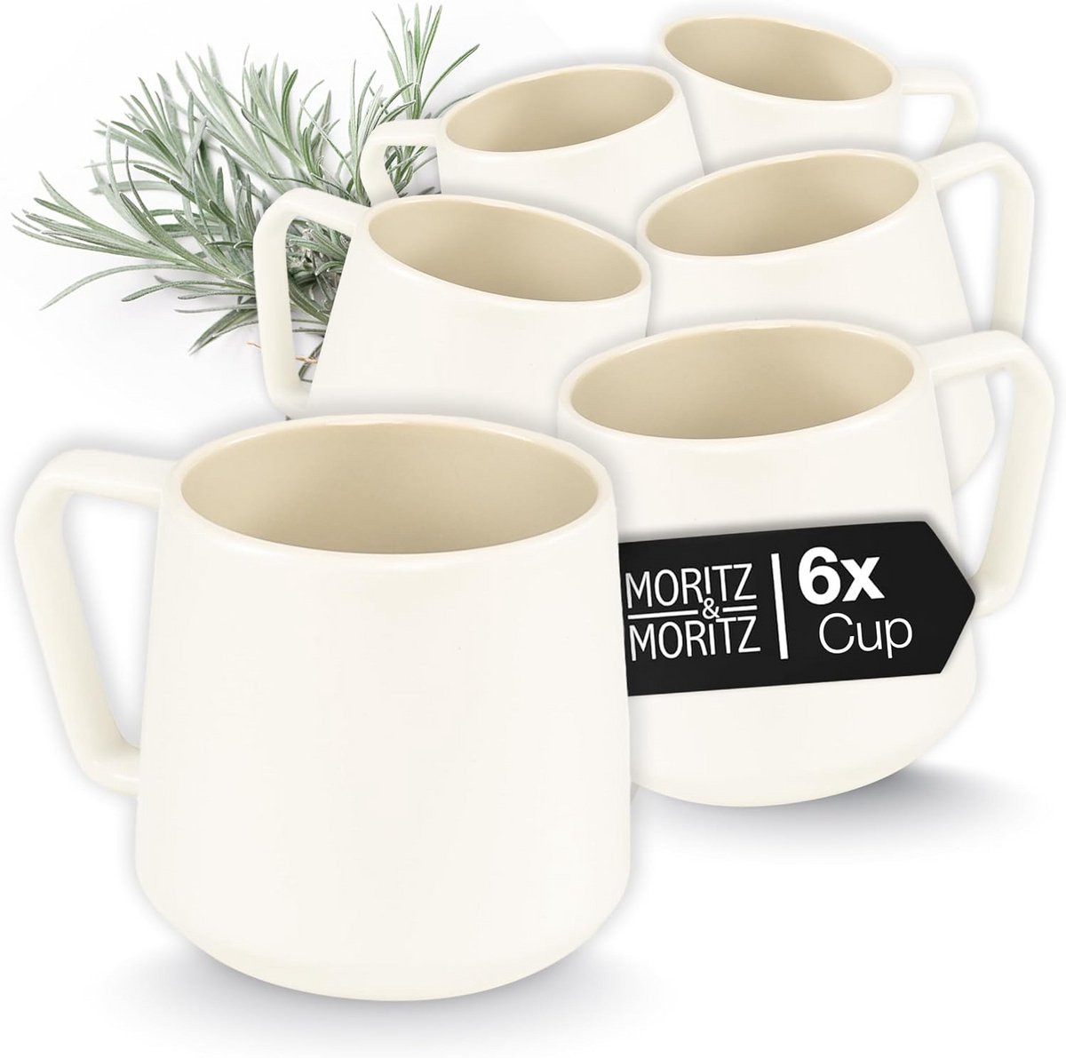 Set van 6 Grote Koffiemokken Zandkleurig 500 ml Steengoed met Hendel