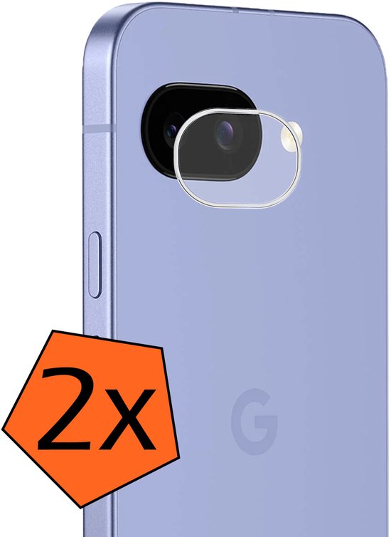 Paarse Google Pixel 10a met twee lensbeschermers, aangegeven met oranje '2x'.