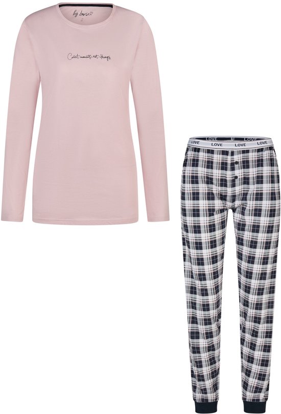 By Louise Dames Pyjama Set Lang Roze/Donkerblauw Geruit - Maat S