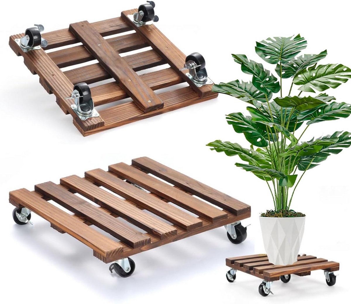 Set van 2 Vierkante Plantenrollers met 360° Zwenkwielen - Robuuste Houten Bloem- en Plantenbak Trolley