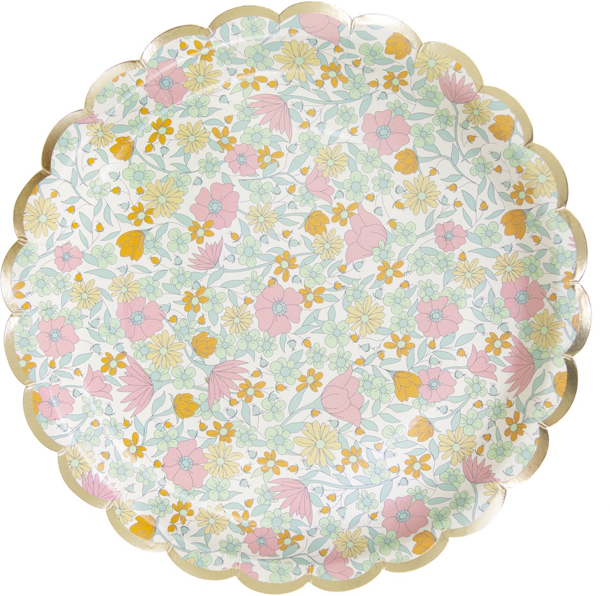 PARTYPRO - 8 Festoenrandige Kartonnen Shabby Gouden Borden 23 cm met Bloemen