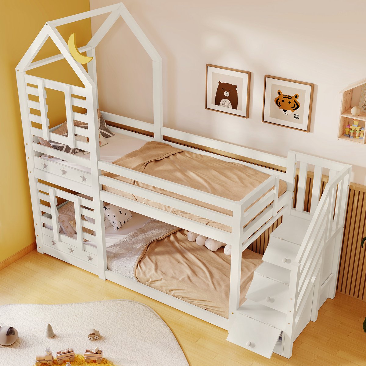 Wishdor Stapelbed 90x200 cm - Boomhutontwerp met Raam en Maan - Opbergtrap en Lade - Massief Hout en MDF - Wit