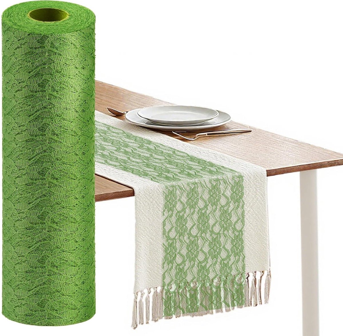 Tafelloper groen kant 30 cm x 22 m voor bruiloft verjaardagen tafeldecoratie.
