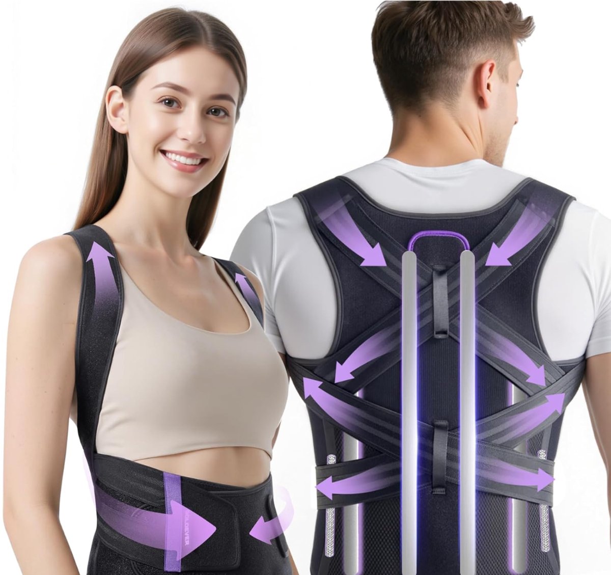 Goodivery ®Innovatieve rugsteunband houdingscorrectie dames heren [verstelbaar en ademend] houdingscorrector onzichtbaar Paars