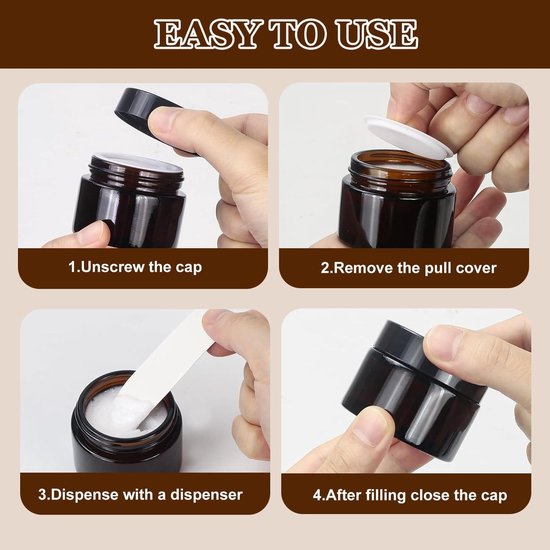 6-delige set glazen zalfpotjes en flessen, amberkleurig, 50 ml en 20 ml, met deksel. Ideaal voor cosmetica. — afbeelding 3