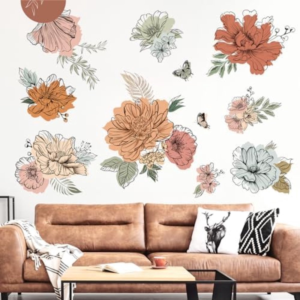 PromoHome Bohemian Muursticker Set - Grote Bloemen en Vlinders