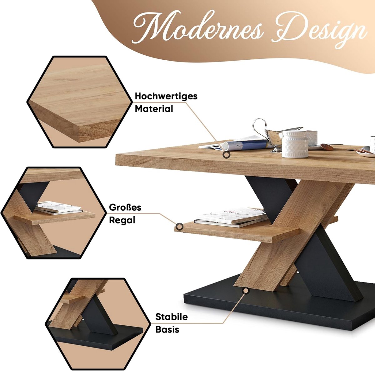 Salontafel Modern met Opbergruimte 90 x 60 x 45 cm – Houten Koffietafel Woonkamer met Grote Plank – wit Zwart – Pauwhome