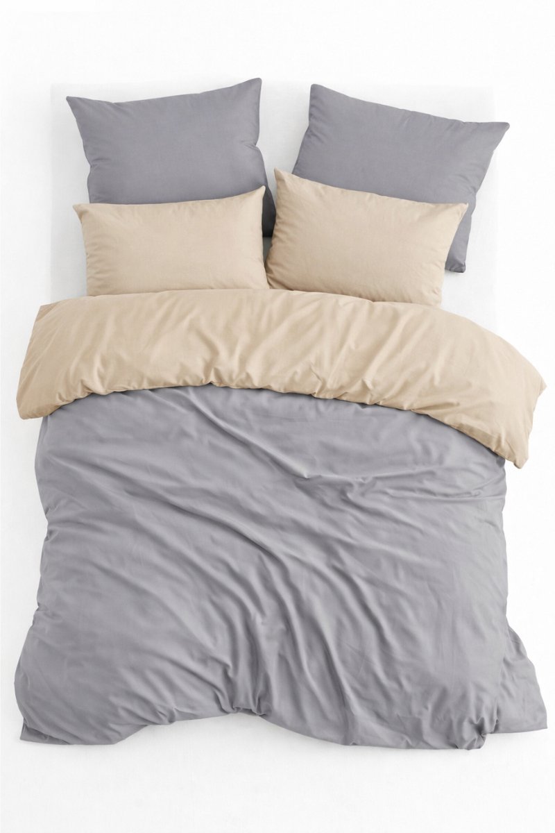 Dekbedovertrek, Dubbelzijdig, 100% Renforcé Katoen, Tweepersoons, 200x220 cm, Inclusief 2 stuks Kussenslopen 60x70 cm, Grijs/Beige, Omkeerbaar, Dekbedovertrekset, Zacht & Ademend, Dekbedovertrekken, De Linde Home