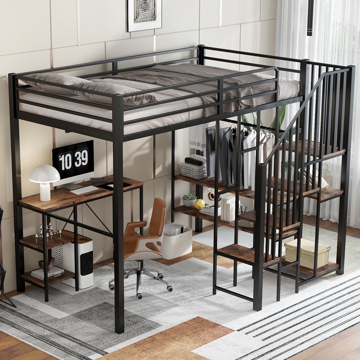 REDOM Hoogslaper – 120x200 cm – Met hoektrap, bureau & open kast – Metaal & MDF – Zwart