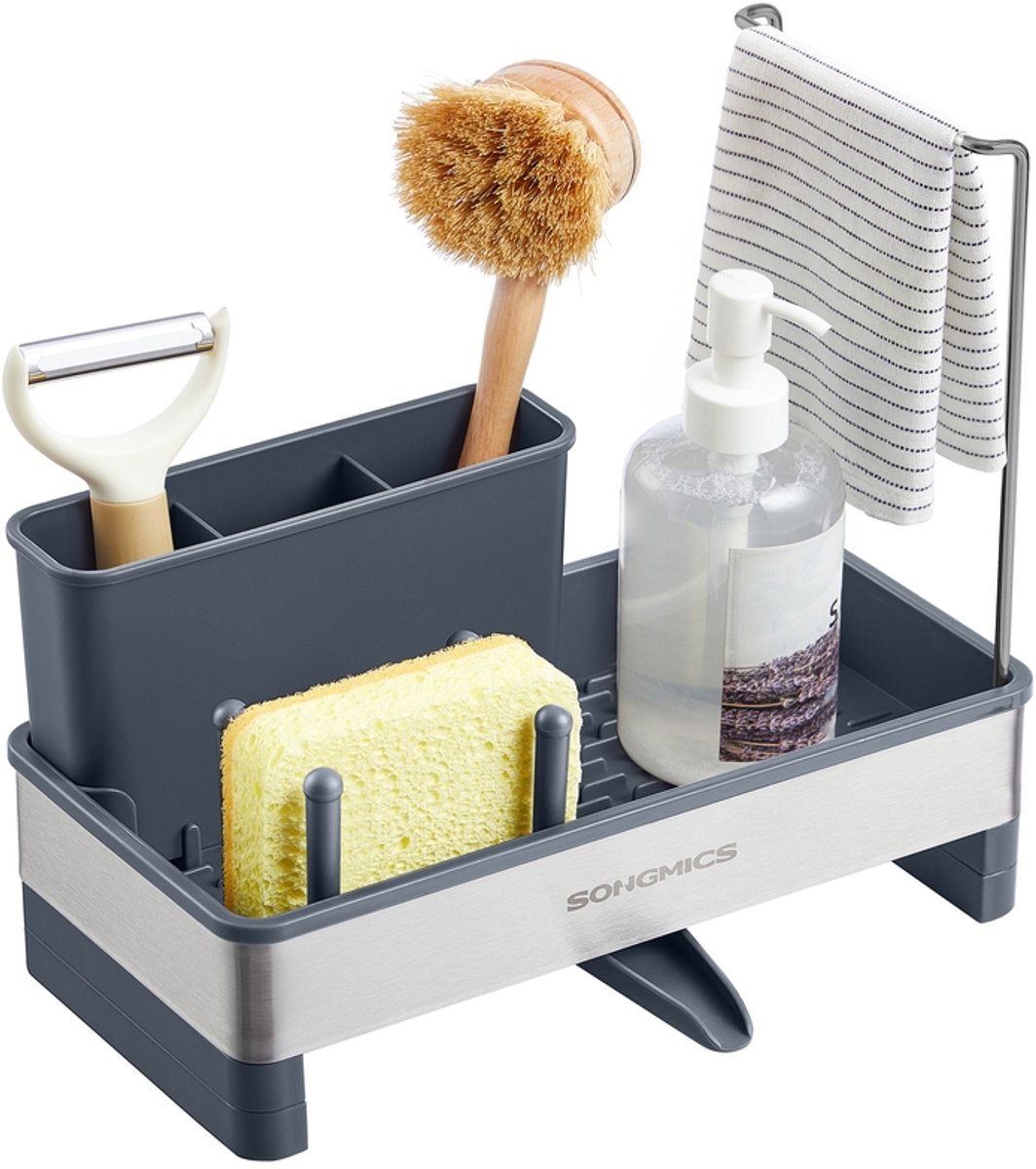 Wastafelorganizer - Met houder voor sponzen en borstels - Leigrijs/Zilver
