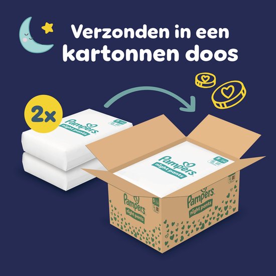 Pampers Night Pants in een kartonnen doos, klaar voor verzending.