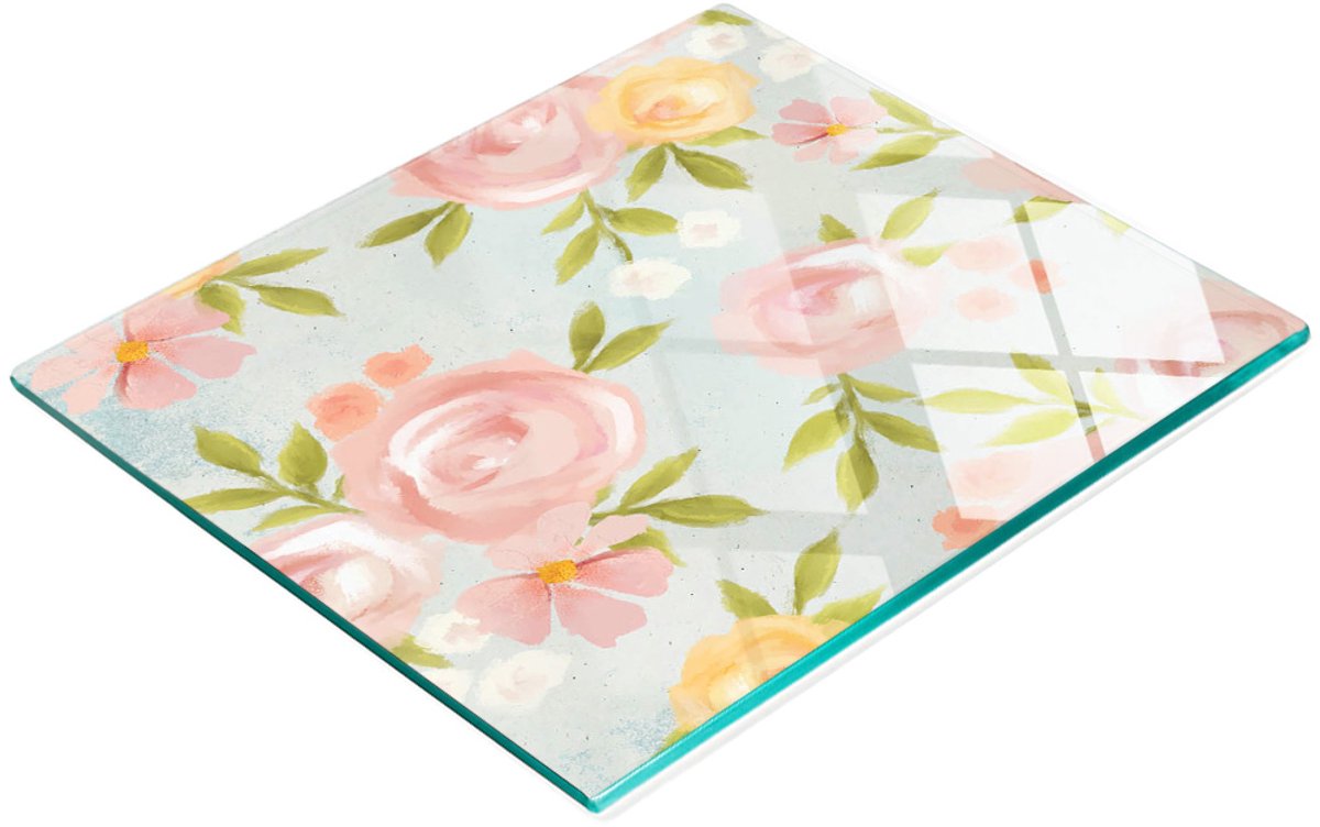 Keuken serveerplank van gehard glas met bloemenmotief, 60x52 cm