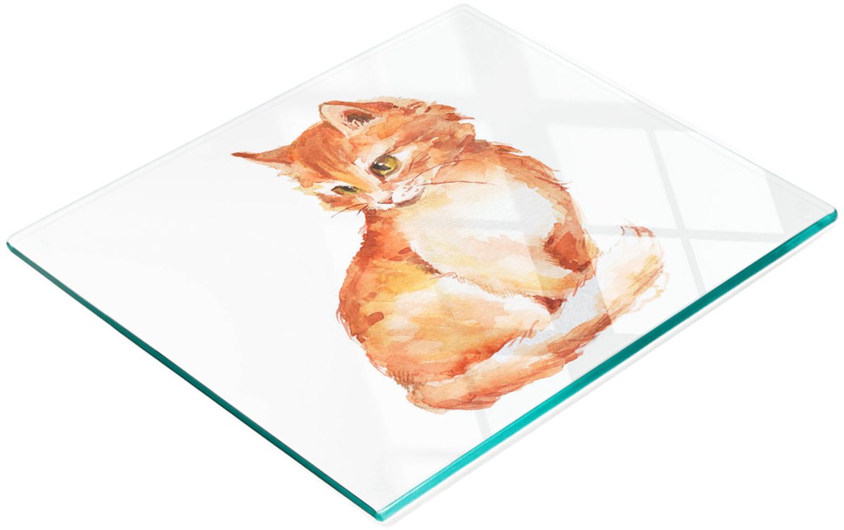 Keukenplank van gehard glas met decoratieve afbeelding van een rode kat, 60x52 cm