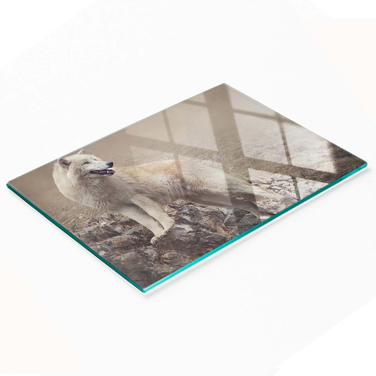 Stijlvol en duurzaam glazen bord met print van een witte wolf op een rots, 80x52 cm