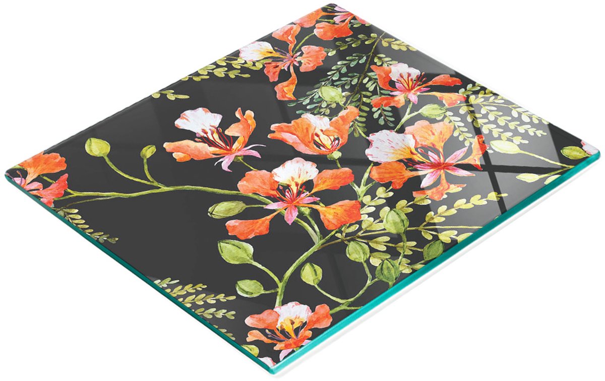 Decoratieve glazen snij- en serveerplank met exotische bloemen, 60x52 cm