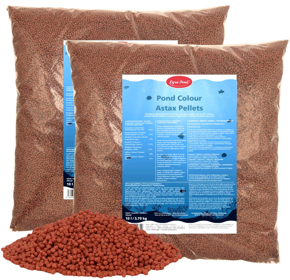 2 x 10 liter (7,4 kg) Lyra Pond® Pond Colour Astax Koi pellets visvoer vijvervoer