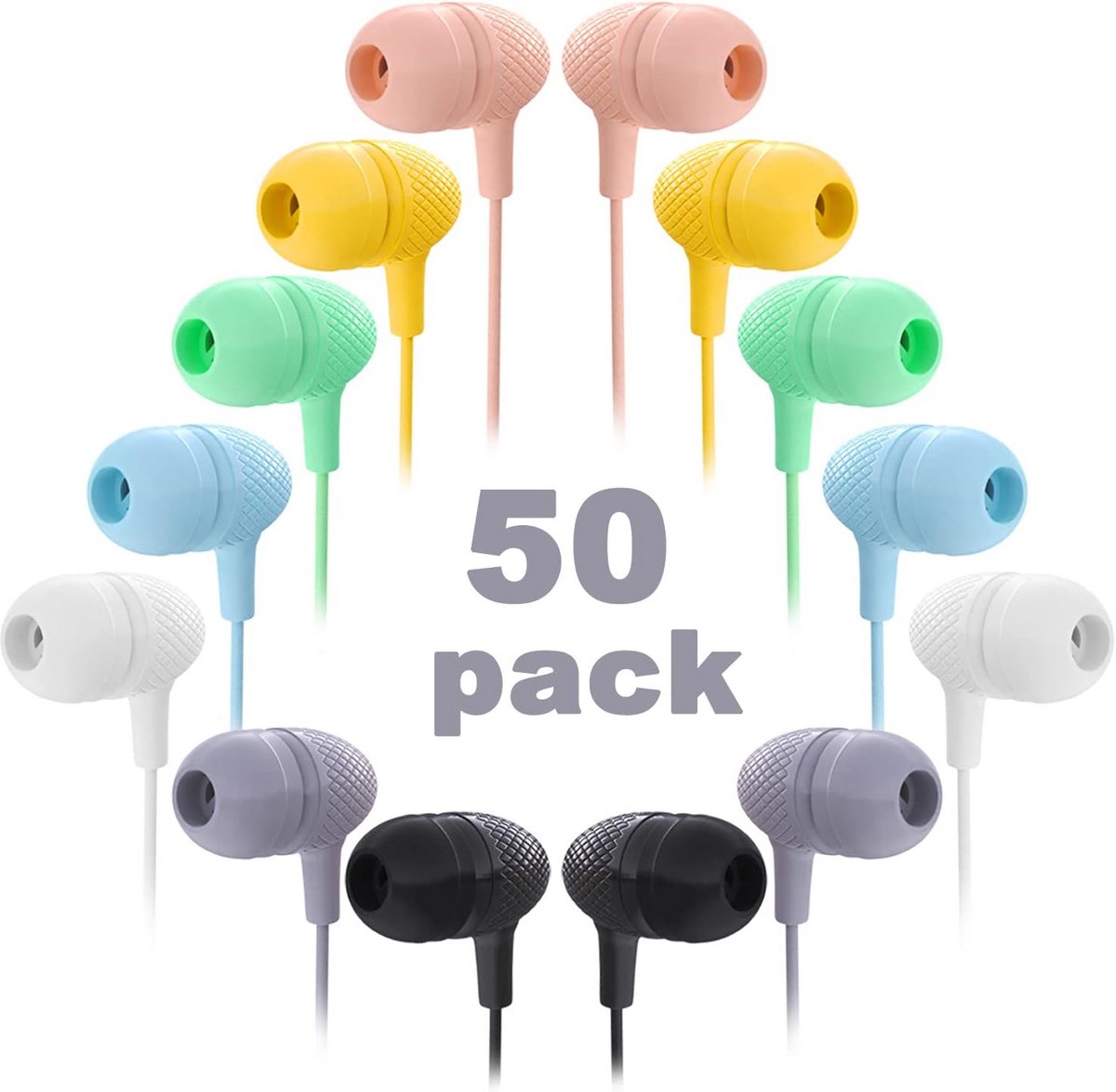 Oordopjes Hoofdtelefoon - Oortelefoon headset - Klaslokaal gebruik - 50 Pack individueel - 1.2m kabel - Multi color