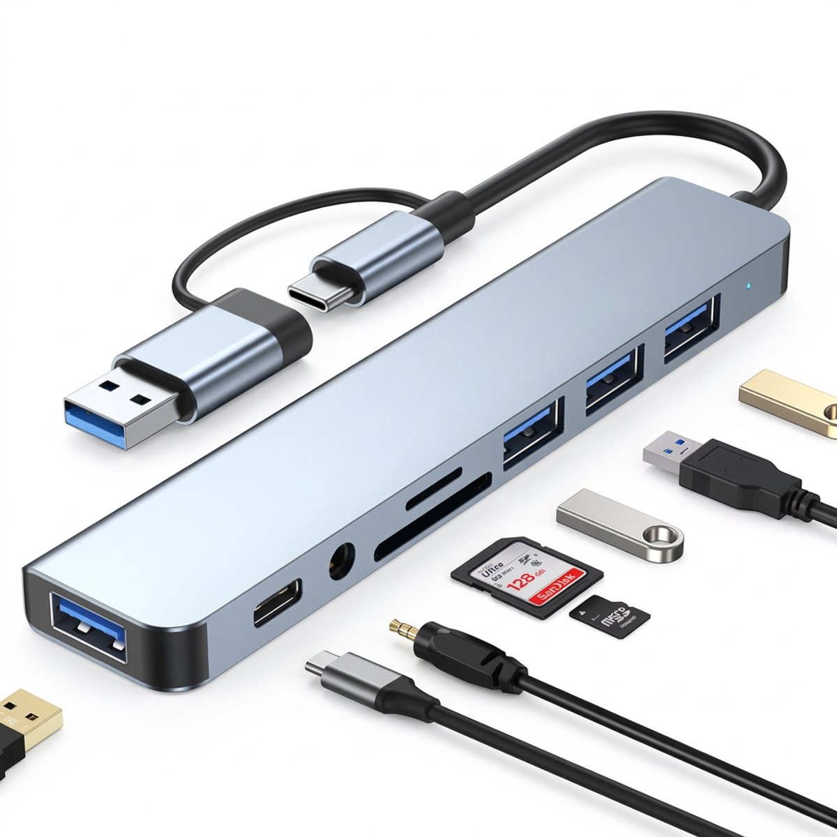 Hearyoo USB C Hub 8-in-2 – Docking Station met USB 3.0 5Gbps, 4 USB Poorten, SD/TF Kaartlezer en 3.5mm Audio – Voor Laptop, Tablet en Smartphone