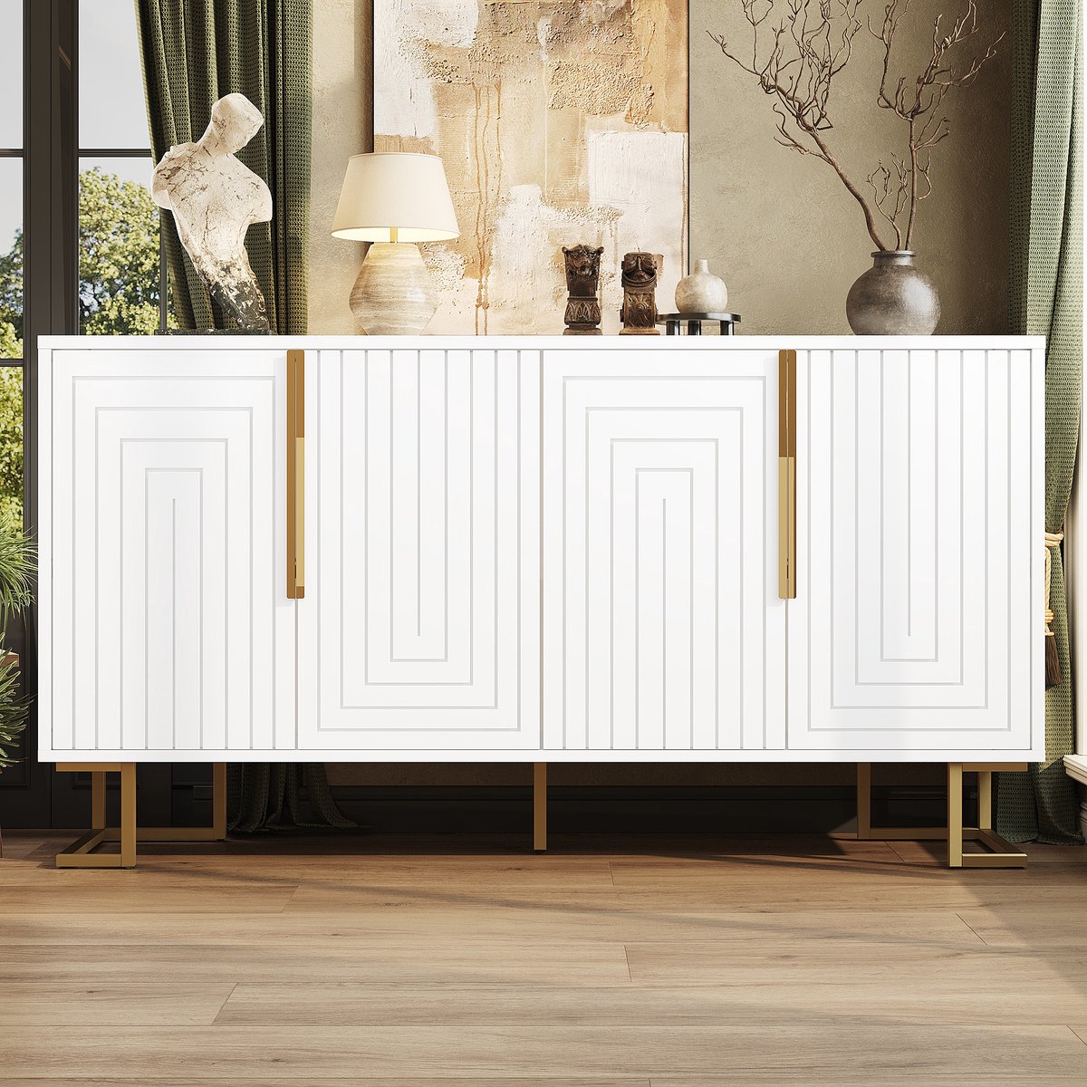 MODFU - Dressoir - Geometrische Deuren En 4 Opbergvakken - Modern - Voor Woonkamer - MDF - Wit En Goud - 152 X 40 X 75 Cm