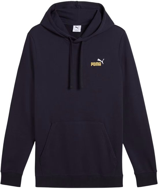 Donkerblauwe hoodie met capuchon en trekkoord, met een klein Puma-logo in het geel en wit op de borst.