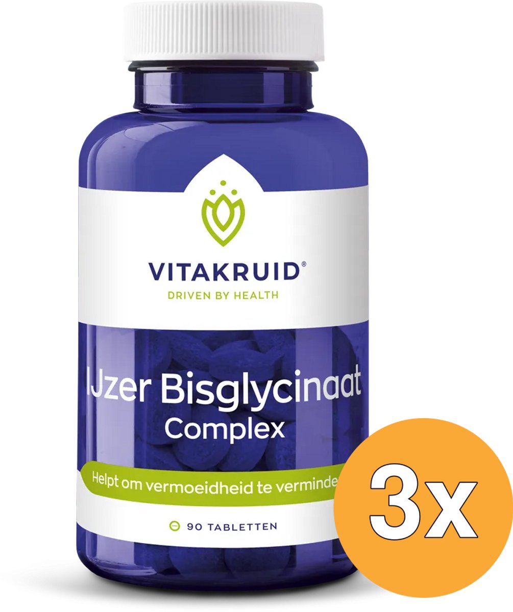 3x Vitakruid Ijzer Bisglycinaat 28 Complex Oa Koper Vitamine C (90 tabletten)