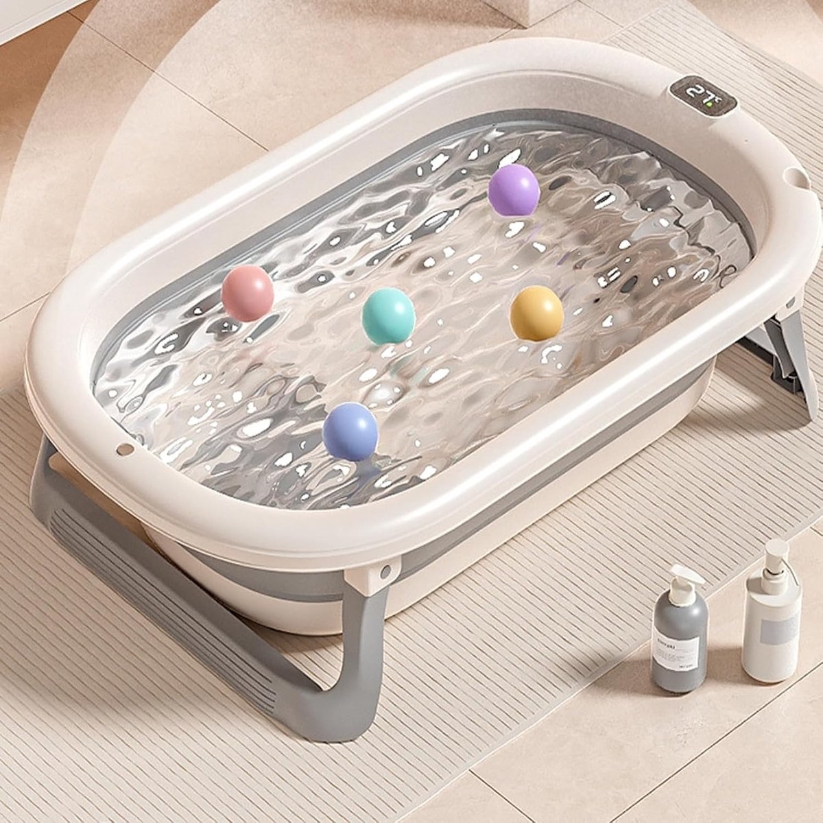Opvouwbare Babybadkuip - Draagbaar Babybad - Veilig Baden - Met Temperatuurweergave - 71 x 43 x 18.5 cm - Grijs thumbnail 3