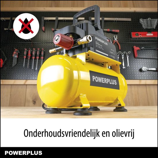 Gele Powerplus compressor met zwarte bovenkant. 750W, 6L tank.