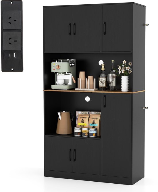 Armoire de cuisine noire avec 4 portes, 2 étagères ouvertes, une machine à expresso, des tasses, des bouteilles et une plante.