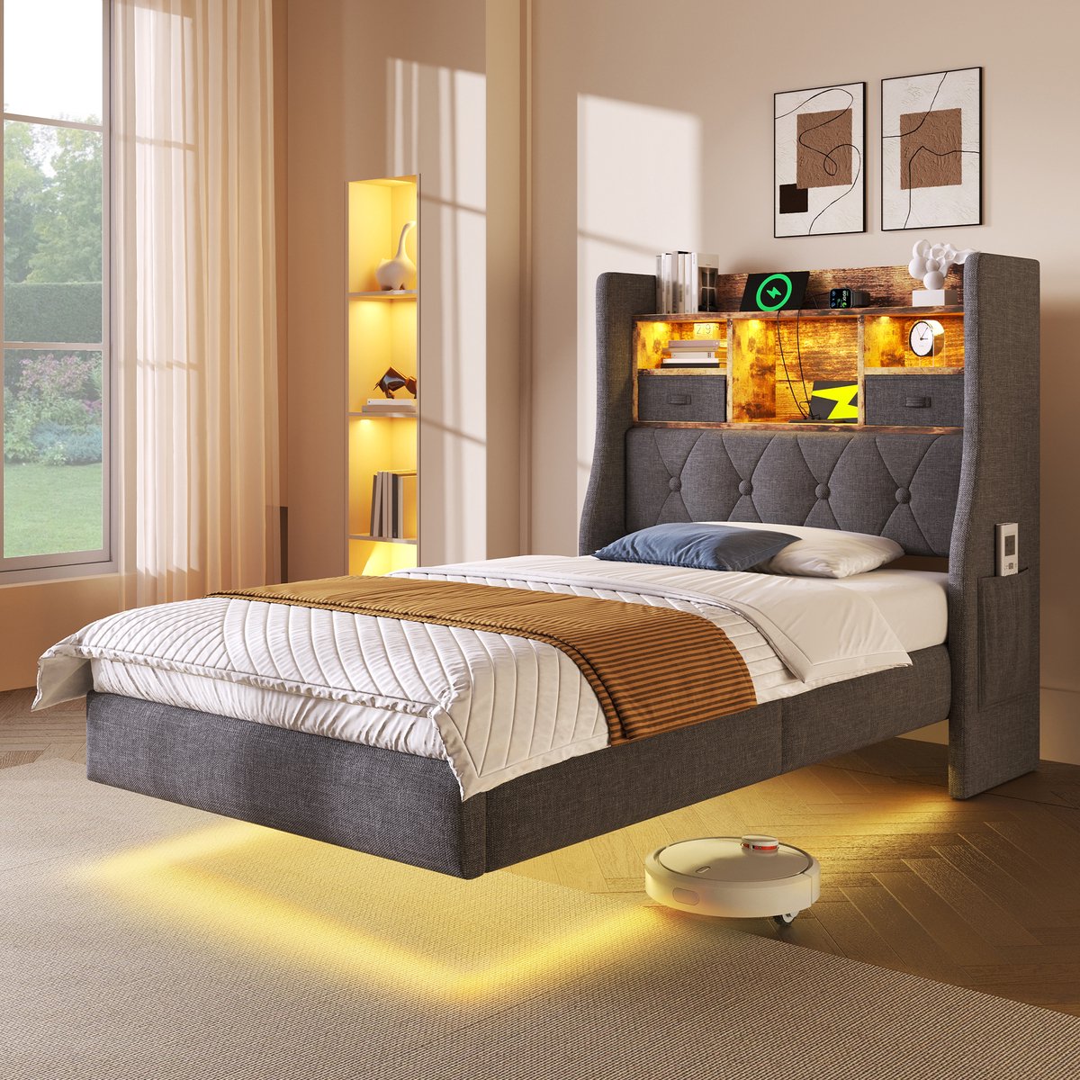 Wishdor Eenpersoonsbed 90x200 cm – LED 60.000+ Kleuren & USB‑C Snellader – Opberghoofdbord – Linnen Grijs