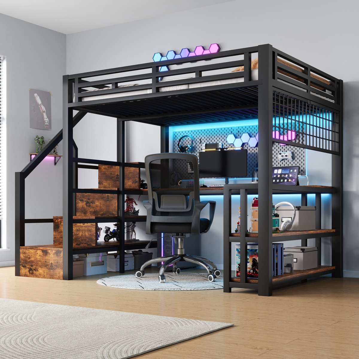 Wishdor Hoogslaper met bureau, LED en oplaadpunten – 140 x 200 cm – Metaal en MDF – Zwart – Draagvermogen 300 kg – Met opbergrek en hangrooster