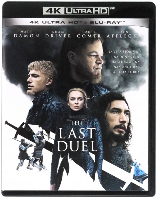 Voorkant van de 4K Ultra HD Blu-ray hoes van "The Last Duel". Toont Matt Damon, Adam Driver, Jodie Comer en Ben Affleck. Centraal de titel "The Last Duel" met zwaarden en gevechtsscènes.