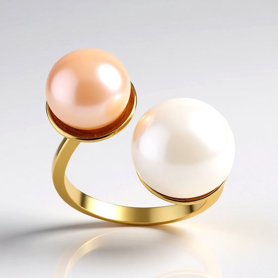 Cavill - Zilveren Verstelbare Ring - 925 Sterling Zilver - Witte en Oranje Zoetwaterparel - Moderne Parels - Elegante Open Ring - Dames Sieraad