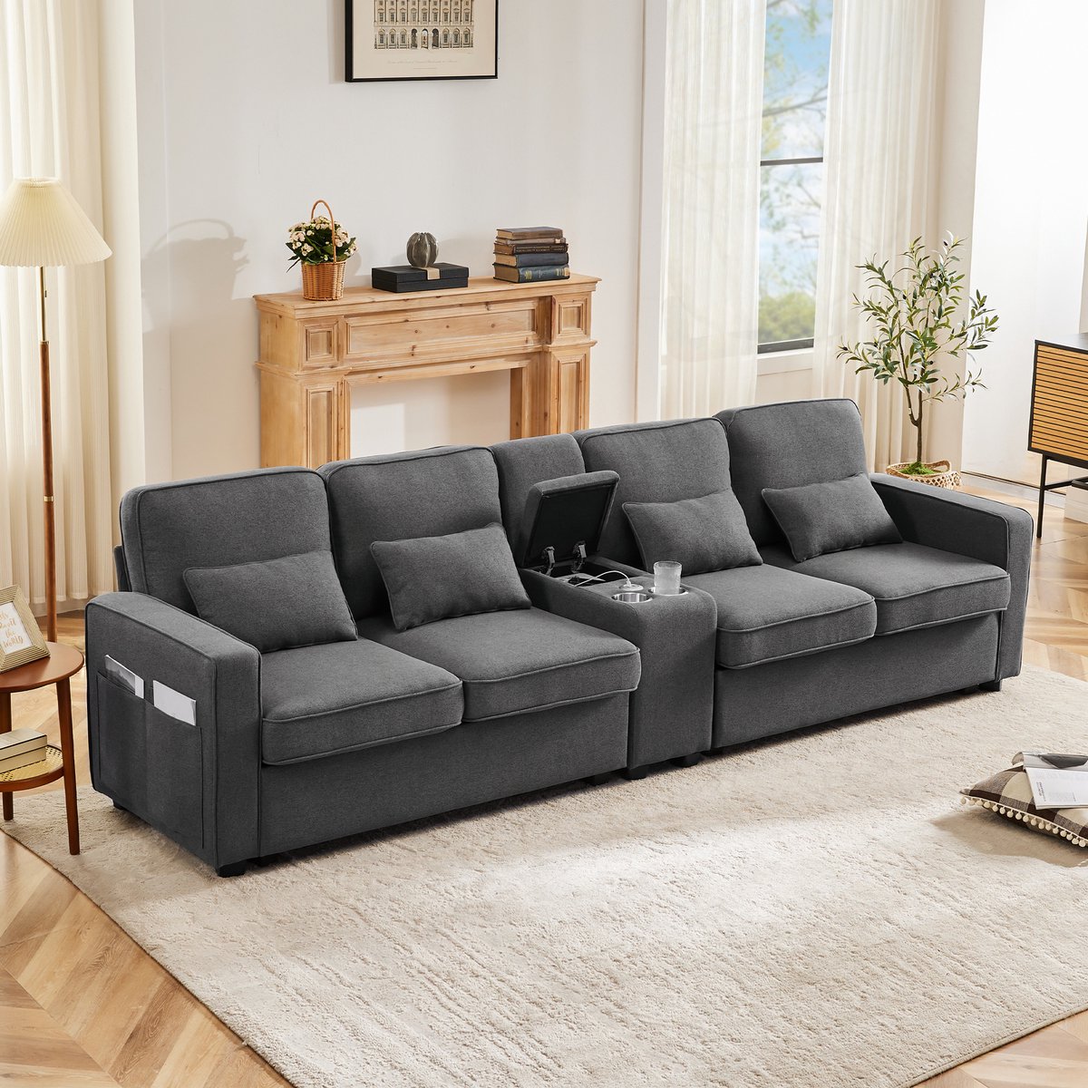 MODFU 4-Zits Sofa - Met Console En USB-Aansluitingen - Modern - Linnen - Donkergrijs - 290 X 83 X 88 Cm Donker Grijs