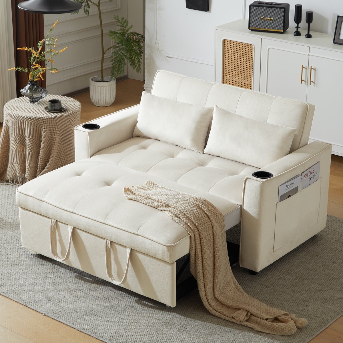 REDOM - Slaapbank - Multifunctioneel En Uitklapbaar - Met Verstelbare Rugleuning En Bekerhouders - Voor Woonkamer Of Appartement - Fluweel - Beige