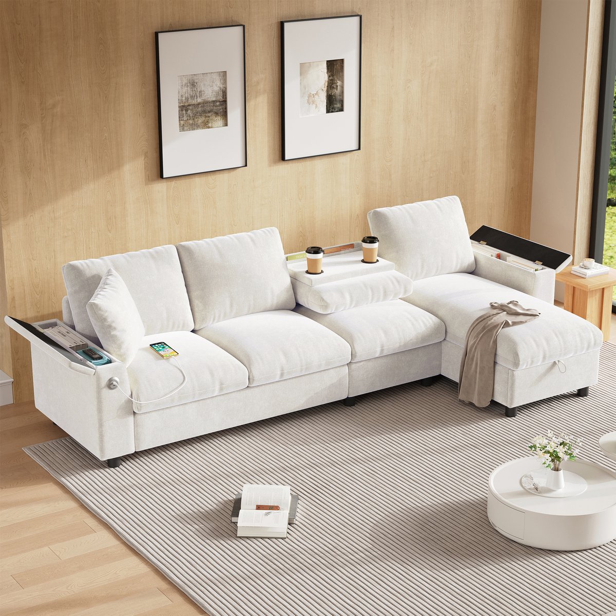 MODFU L-Vormige Hoekbank Met Slaapfunctie En Opbergruimte - Omklapbare Tafel Met Bekerhouders En USB - Chenille - Beige