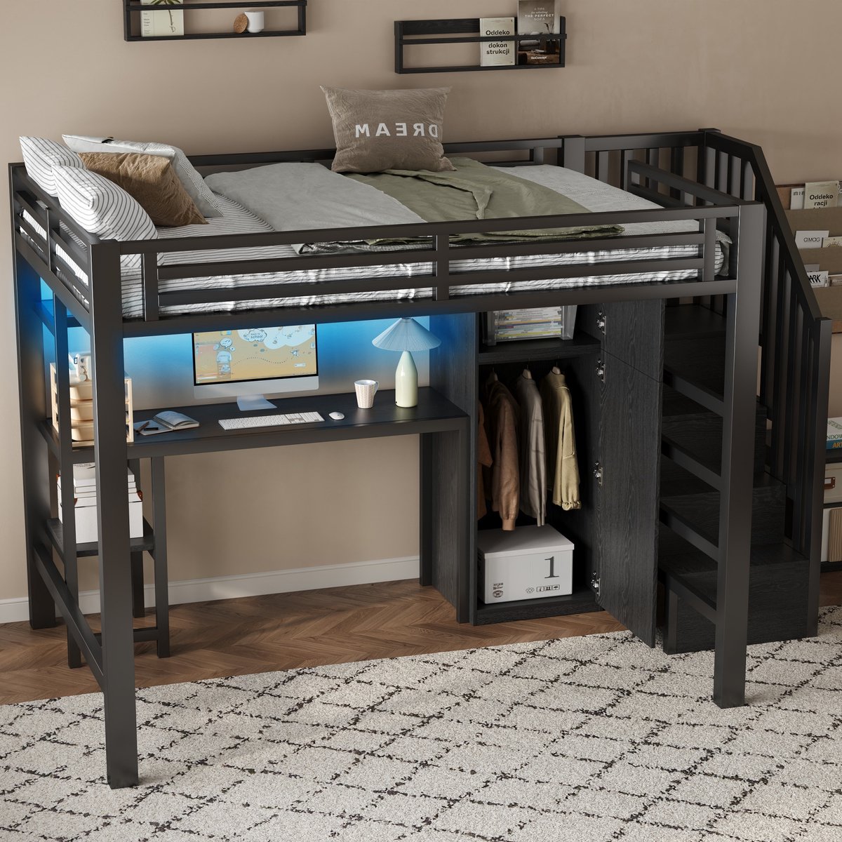 MODENUIT Hoogslaper 140x200 cm – Zonder matras – Met Bureau, Kast en Opbergtrap – Met Ledverlichting en Rek – Metaal/MDF – Zwart