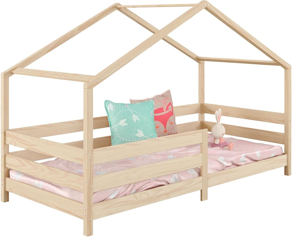 Huisbed Kinderbed - Montessori Bed - Veilig Slapen - Met Valbeveiliging - 90 x 200 cm - Natuurlijk Grenen