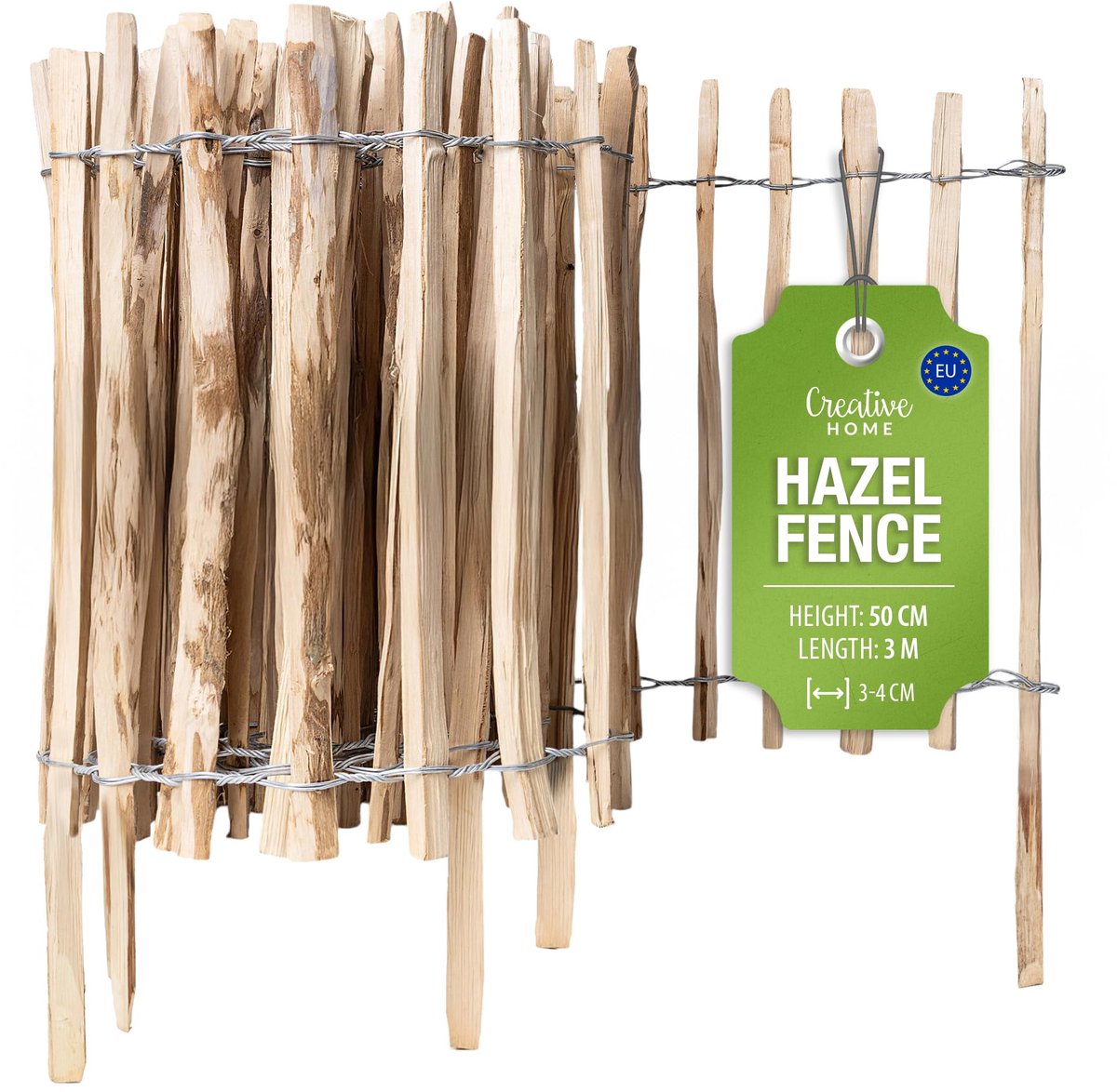 Creative Home houten schutting 50cm hoog en 3m lang | hazelnoot schutting | rolschutting | lamelafstand 3-4 cm | schutting tuin Ideaal als gazonrand bloemperk rand gemaakt van hazelnoot