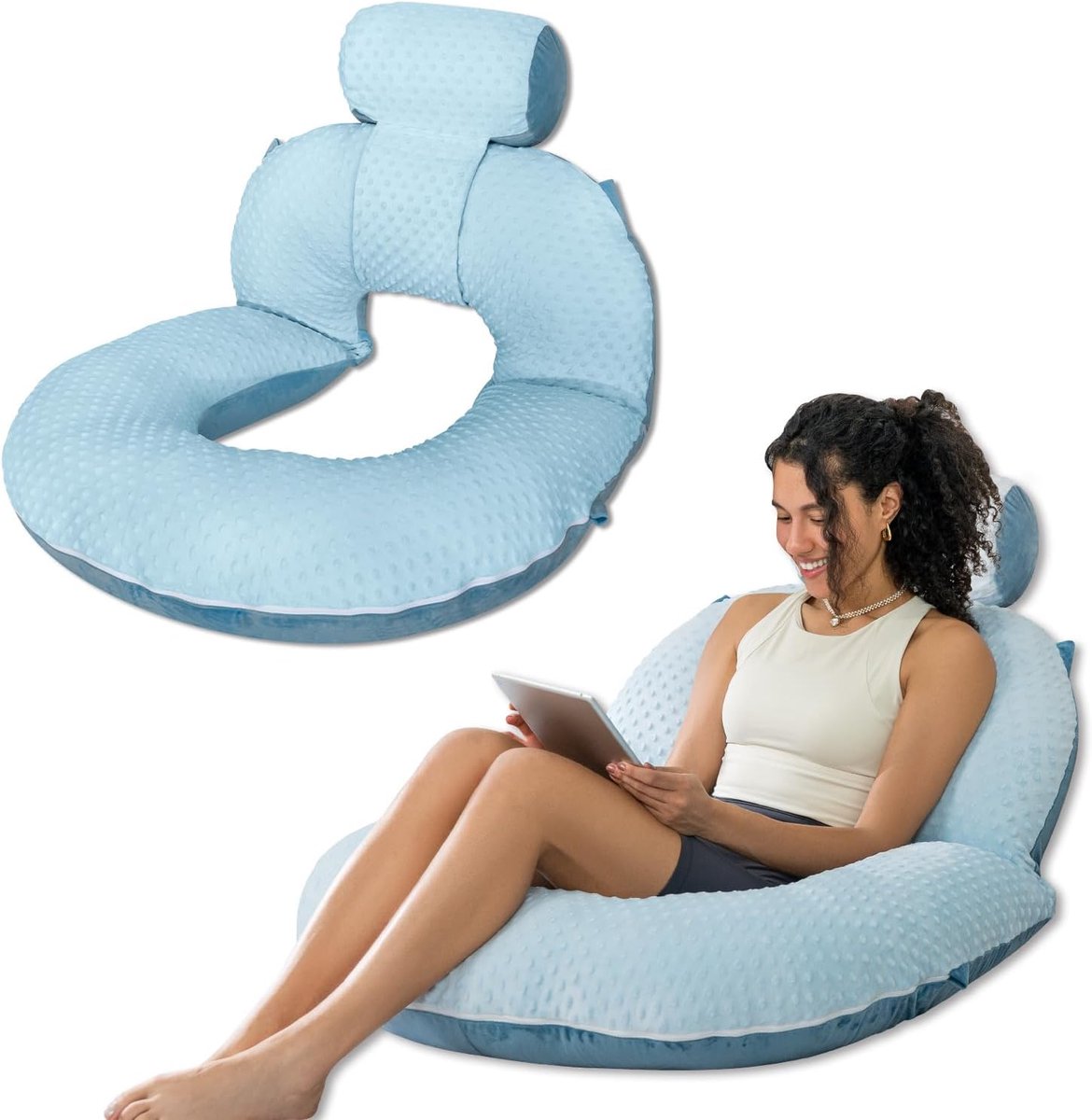 Leeskussen Bed - Rugsteun Kussen - Comfortabel Lezen - Opvouwbaar Ontwerp - 129x89cm - Blauw