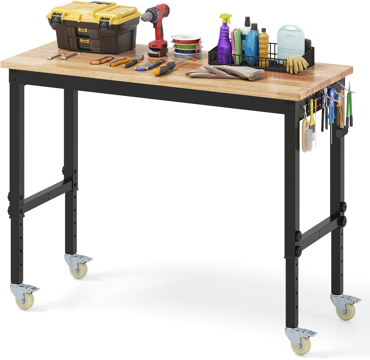 COSTWAY Verstelbare werkbank met wieltjes, werktafel van rubber en hout met 2 geperforeerde platen en metalen frame, 1100 kg draagvermogen, werkbanktafel, gereedschapstafel met 122 cm werkblad voor