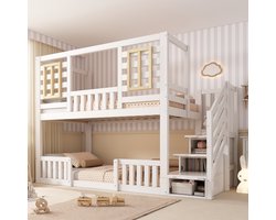 MODENUIT Stapelbed 90x200 cm – 2 Slaapplaatsen – Trapkast met Opbergruimte – Houten Huisstijl – Zonder matras – Wit