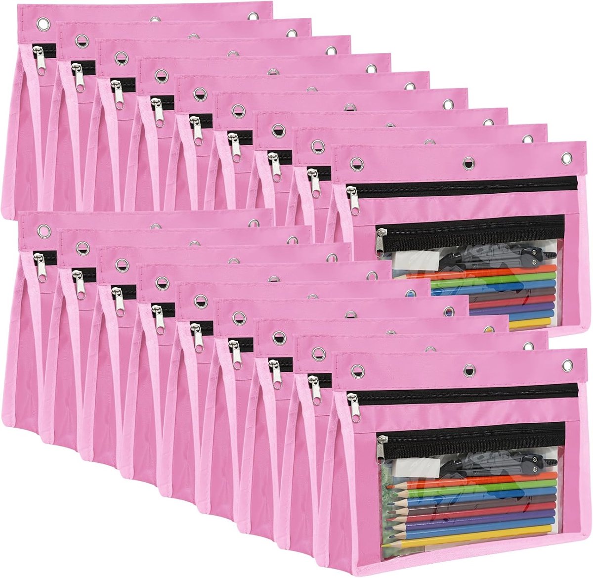 Uitbreidbaar Etui - Pennenetui Grote Capaciteit - School Kantoor - Transparant Venster Drie Ringen - 25x19x4 cm - Roze