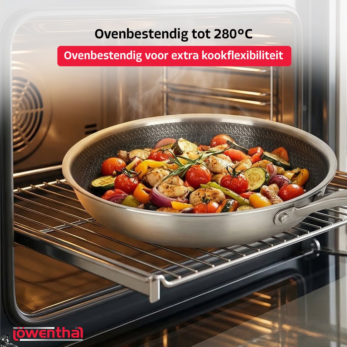 Koekenpannenset 3delig Ø 20, 24, 28 cm - PFAS Vrij & PTFE Vrij - RVS Honingraat - Inductie, Elektrisch, Keramisch & Gas - Hexagon Anti Aanbak Pan Krasvrij - Koudgrepen - Oven tot 280°C - Duurzame Keramische Coating - Keukengerei - Koken - Löwenthal — cadeau in Koken & Dineren - foto 5