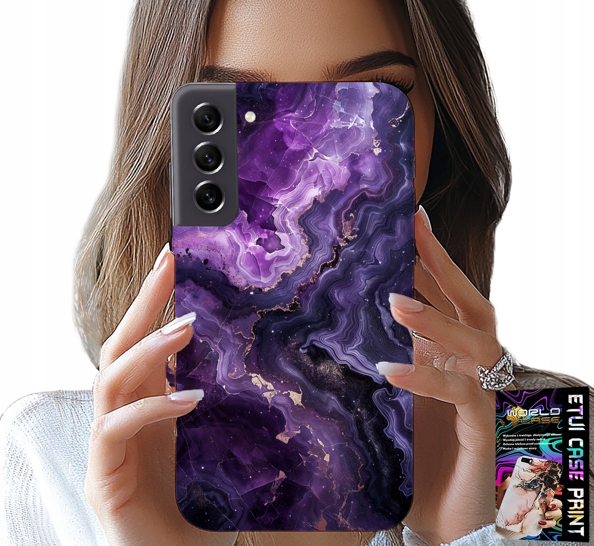 HOESJE VOOR SAMSUNG GALAXY S21 FE - PAARS MARMER MODIEUS VOOR DAMES + GLAS