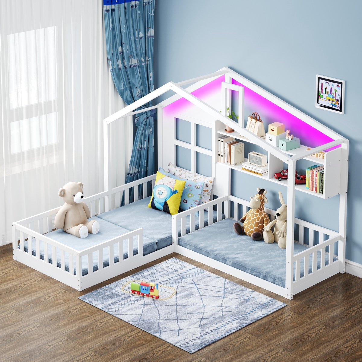 OKWISH Kinderbed 90x200 cm - Huisvormig Met Ledverlichting - Met Opbergvakken En Veiligheidsrek - Massief Hout - Wit - Zonder Matras