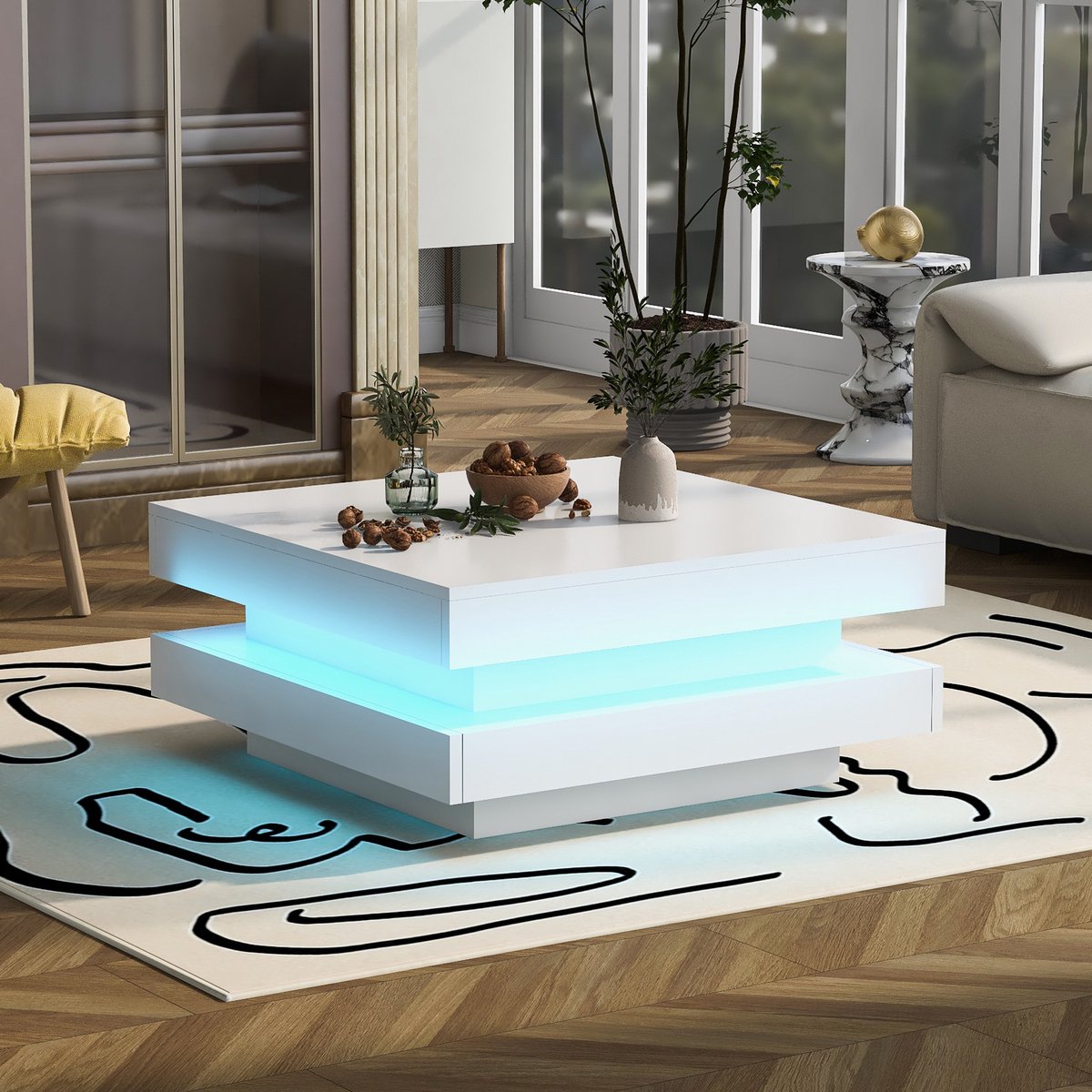 Wishdor - Salontafel - Draaibaar Blad Met Ledverlichting - Modern - Woonkamer - Spaanplaat - Wit - 70 x 70 x 36 cm
