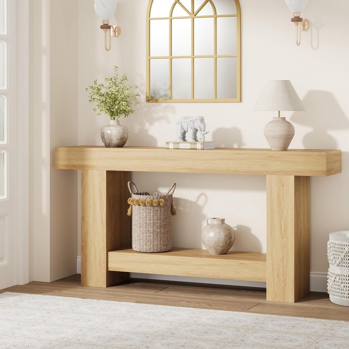 Haltafel - Bijzettafel - Bijzettafel in landelijke stijl van 160 cm lang - Lange bijzettafel met twee planken en opbergruimte - Bijzettafel in houtkleur - Geschikt voor de woonkamer, hal en gang - 160 × 80 × 30 cm