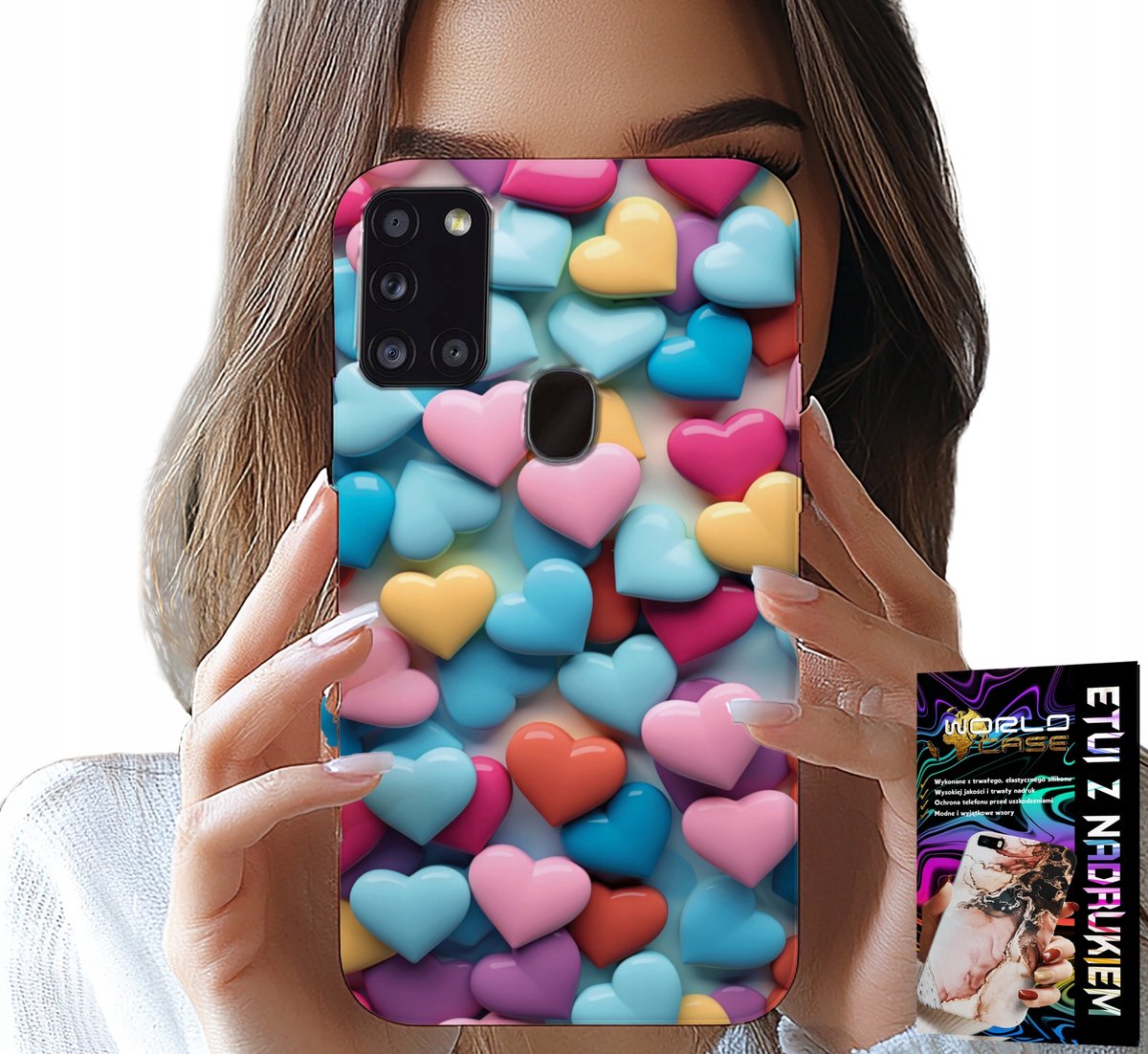 HOESJE VOOR SAMSUNG GALAXY A21S - KLEURRIJKE HARTJES, MOGELIJKHEID TOT PERSONALISATIE